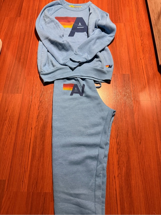 Aviator Nation Pants - Aviator Nation Light Blue Track Pants & Sweatshirt Set with Rainbow 'A' Logo